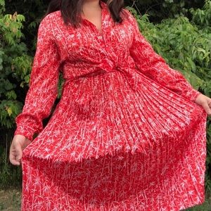 VTG 70s Silky Long Sleeve Blouse and Pleated Skirt Set in Red and White Bamboo